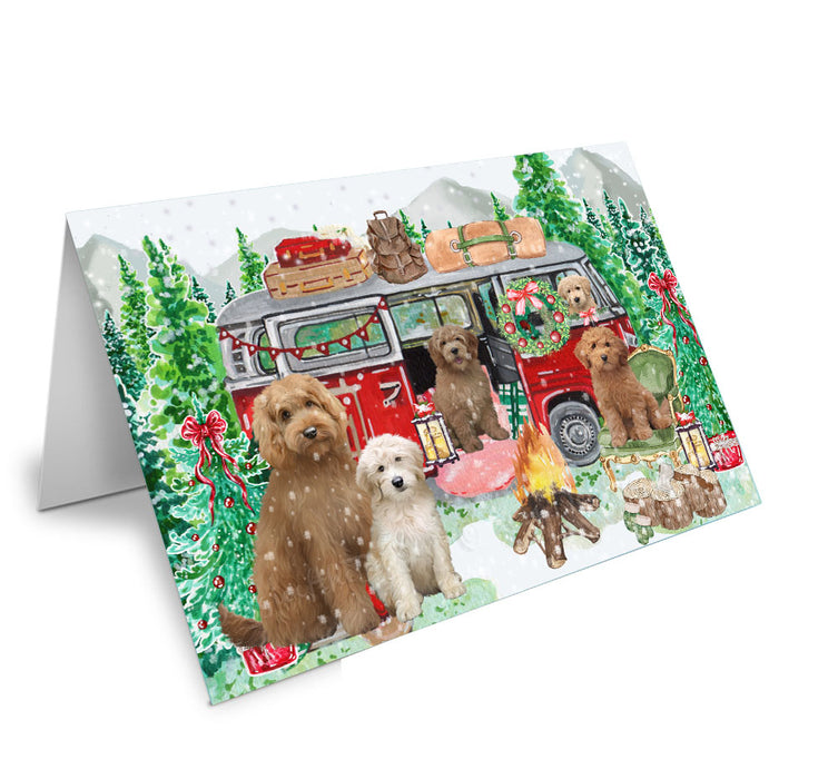 Christmas Time Camping with Goldendoodle Dogs Handmade Artwork Assorted Pets Greeting Cards and Note Cards with Envelopes for All Occasions and Holiday Seasons