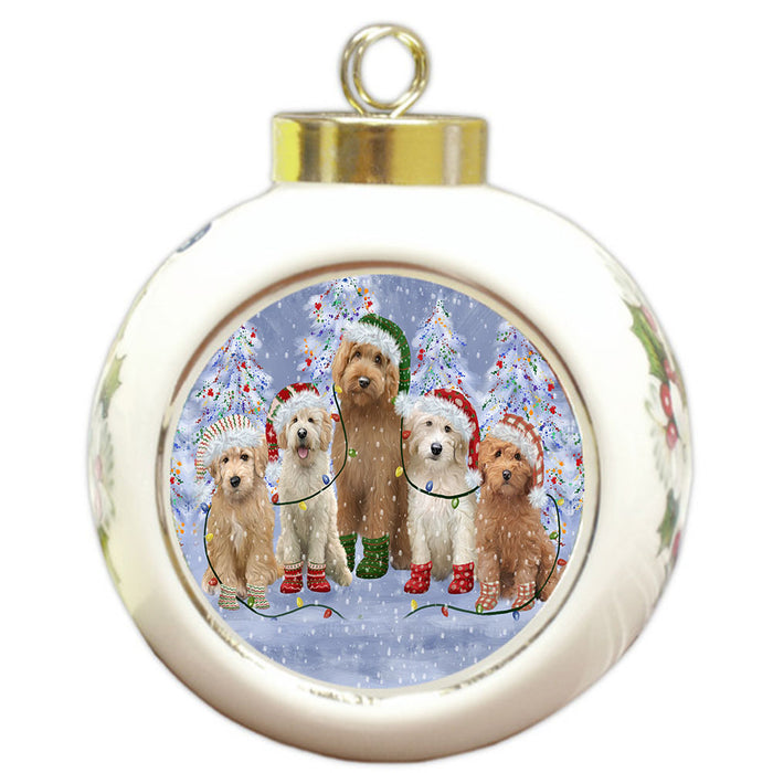 Christmas Lights and Goldendoodle Dogs Round Ball Christmas Ornament Pet Decorative Hanging Ornaments for Christmas X-mas Tree Decorations - 3" Round Ceramic Ornament