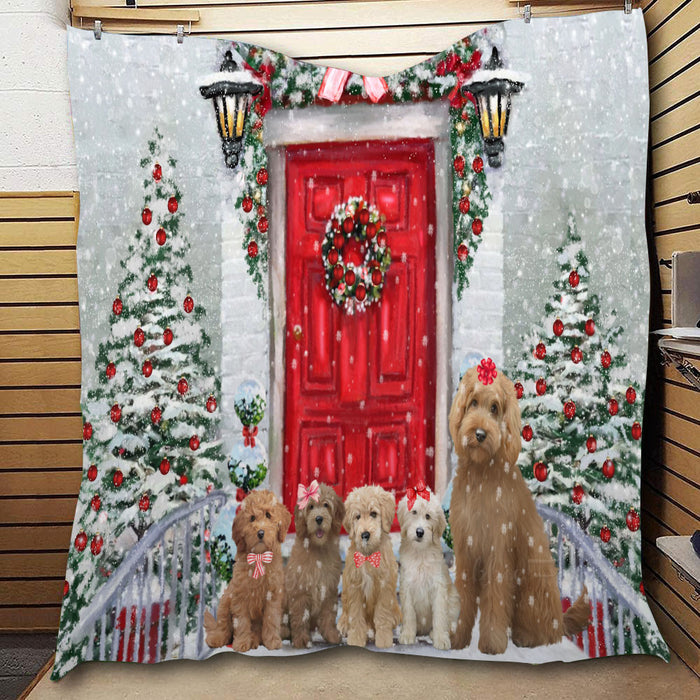 Christmas Holiday Welcome Goldendoodle Dogs  Quilt Bed Coverlet Bedspread - Pets Comforter Unique One-side Animal Printing - Soft Lightweight Durable Washable Polyester Quilt