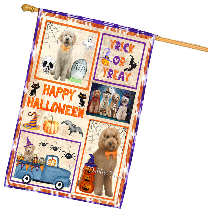 Happy Halloween Trick or Treat Goldendoodle Dogs House Flag Outdoor Decorative Double Sided Pet Portrait Weather Resistant Premium Quality Animal Printed Home Decorative Flags 100% Polyester