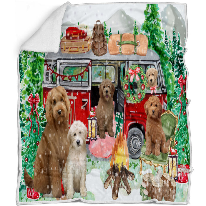 Christmas Time Camping with Goldendoodle Dogs Blanket - Lightweight Soft Cozy and Durable Bed Blanket - Animal Theme Fuzzy Blanket for Sofa Couch