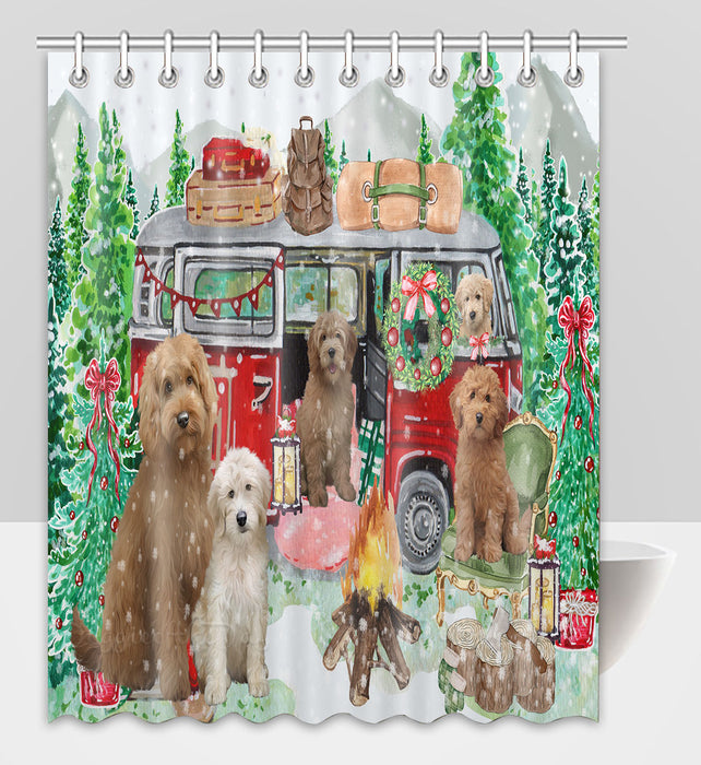Christmas Time Camping with Goldendoodle Dogs Shower Curtain Pet Painting Bathtub Curtain Waterproof Polyester One-Side Printing Decor Bath Tub Curtain for Bathroom with Hooks