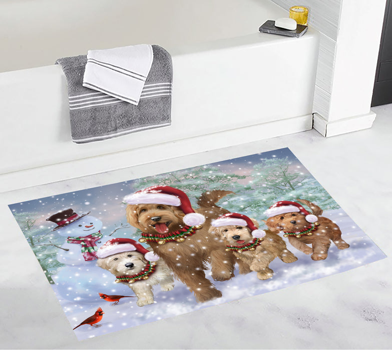 Christmas Running Fammily Goldendoodle Dogs Bath Mat