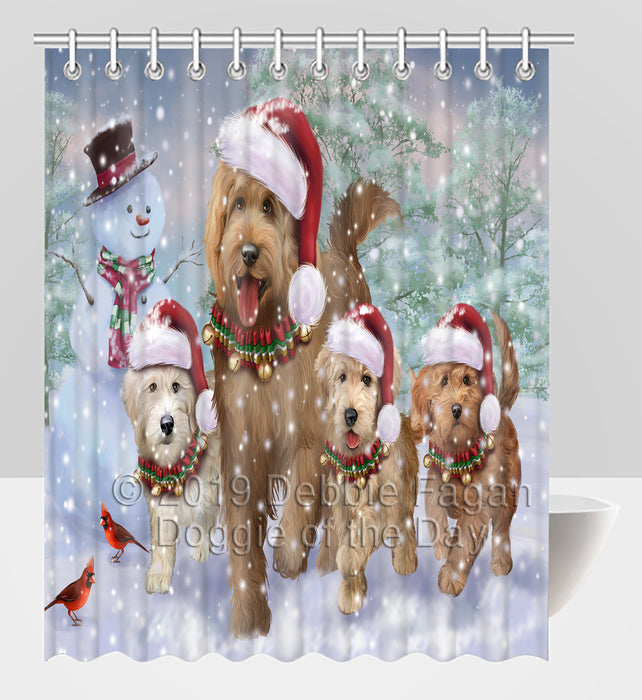 Christmas Running Fammily Goldendoodle Dogs Shower Curtain