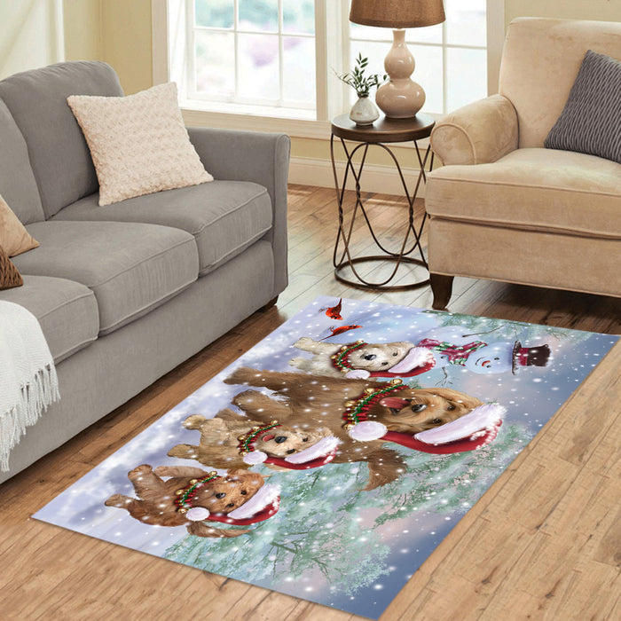Christmas Running Fammily Goldendoodle Dogs Area Rug