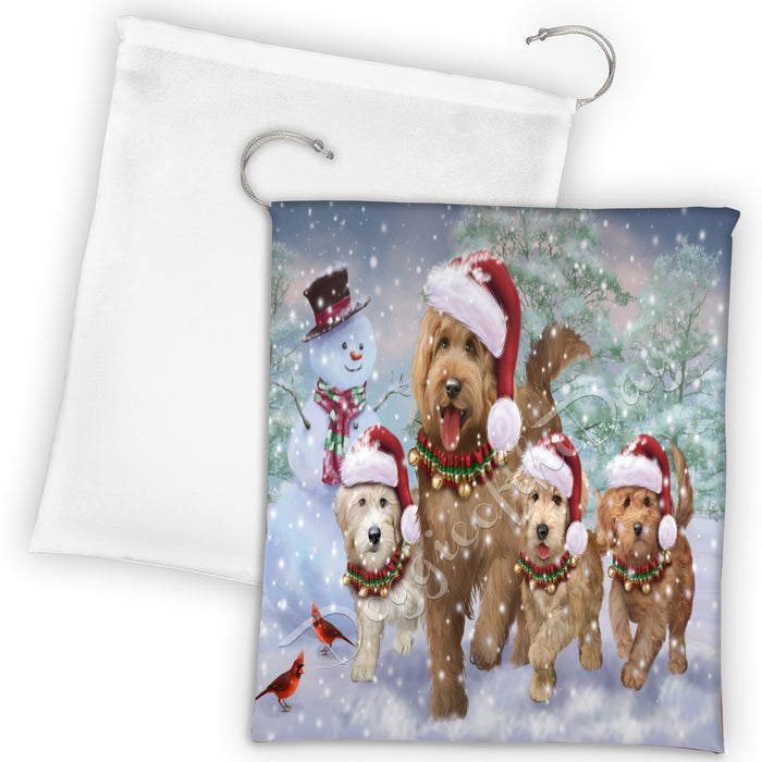 Christmas Running Fammily Golden Retriever Dogs Drawstring Laundry or Gift Bag LGB48228