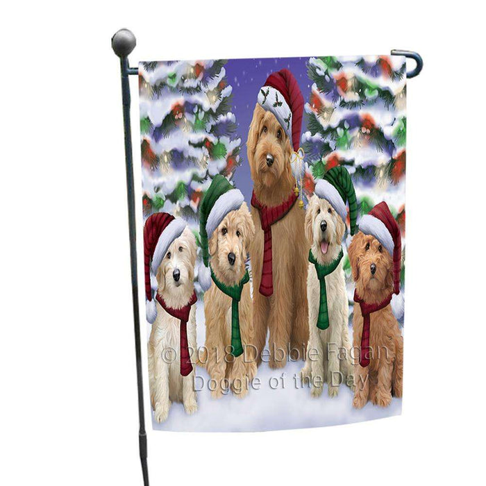 Goldendoodles Dog Christmas Family Portrait in Holiday Scenic Background Garden Flag GFLG52657