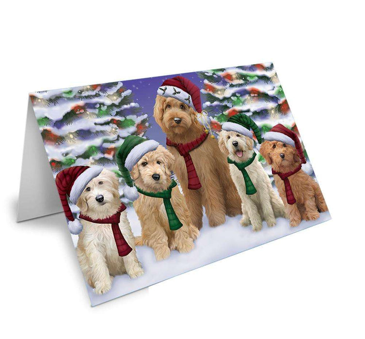 Goldendoodles Dog Christmas Family Portrait in Holiday Scenic Background Handmade Artwork Assorted Pets Greeting Cards and Note Cards with Envelopes for All Occasions and Holiday Seasons GCD62165