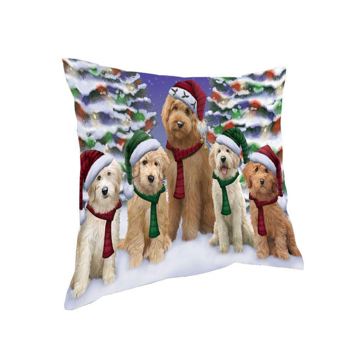 Goldendoodles Dog Christmas Family Portrait in Holiday Scenic Background Pillow PIL67004