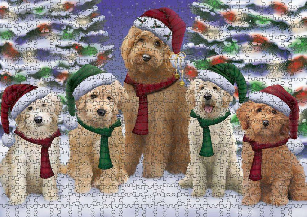 Goldendoodles Dog Christmas Family Portrait in Holiday Scenic Background Puzzle with Photo Tin PUZL62067