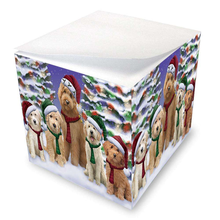 Goldendoodles Dog Christmas Family Portrait in Holiday Scenic Background  Note Cube NOC52712
