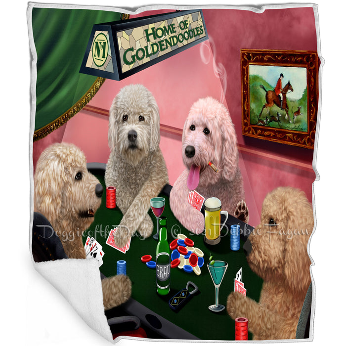 Home of 4  Goldendoodle Dogs Playing Poker Blanket BLNKT143598