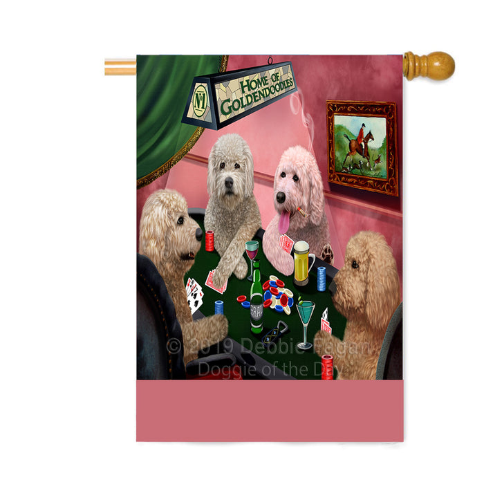 Personalized Home of Goldendoodle Dogs Four Dogs Playing Poker Custom House Flag FLG-DOTD-A60328