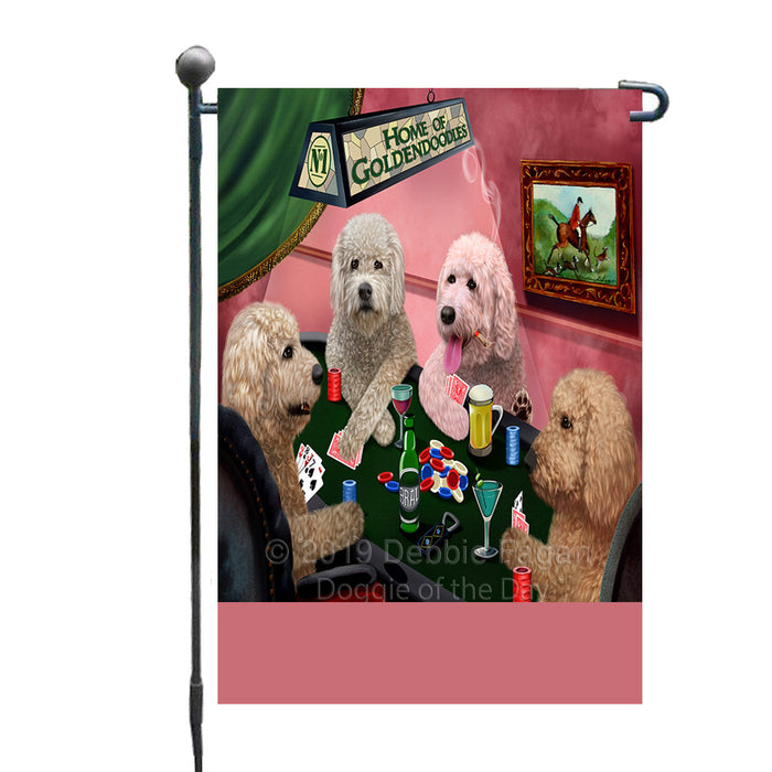 Personalized Home of Goldendoodle Dogs Four Dogs Playing Poker Custom Garden Flags GFLG-DOTD-A60272