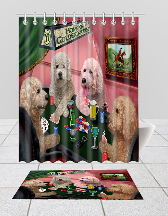 Home of  Goldendoodle Dogs Playing Poker Bath Mat and Shower Curtain Combo