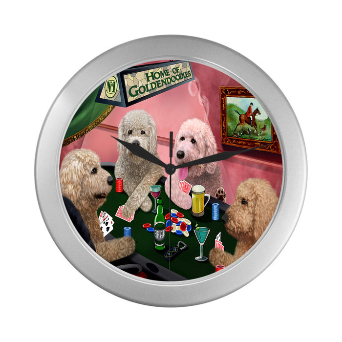 Home of Goldendoodle Dogs Playing Poker Silver Wall Clocks