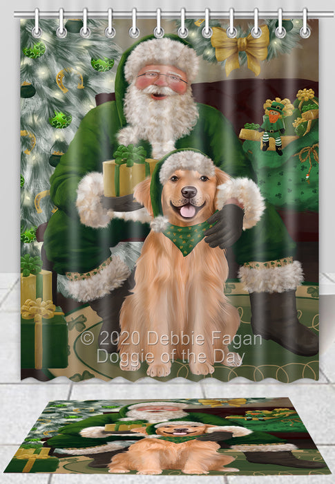 Christmas Irish Santa with Gift Golden Retriever Dog Bath Mat and Shower Curtain Combo