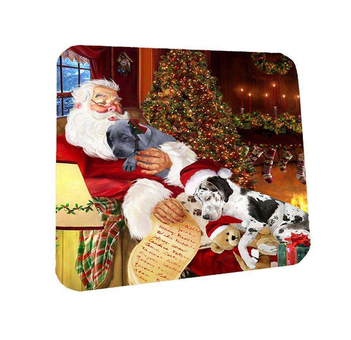 Great Dane Dog and Puppies Sleeping with Santa Coasters Set of 4