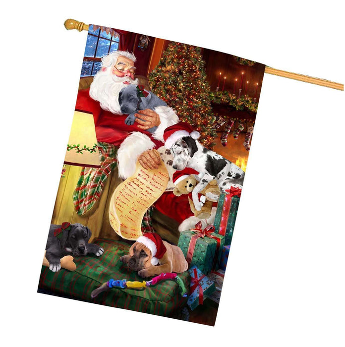 Great Dane Dog and Puppies Sleeping with Santa House Flag