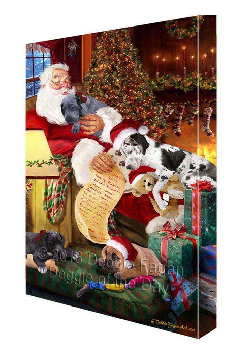 Great Dane Dog and Puppies Sleeping with Santa Painting Printed on Canvas Wall Art
