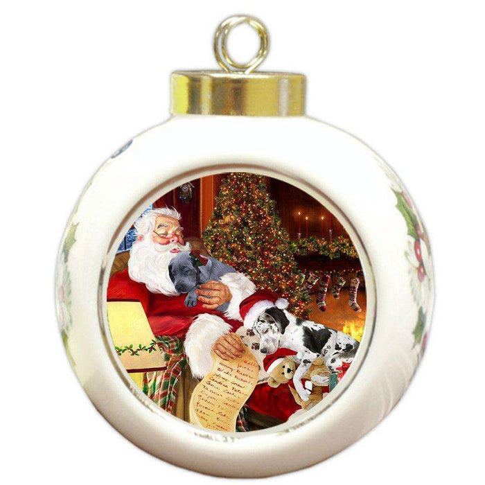 Great Dane Dog and Puppies Sleeping with Santa Round Ball Christmas Ornament D438