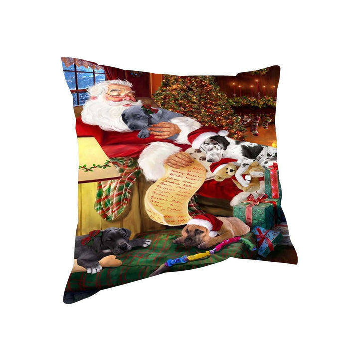 Great Dane Dog and Puppies Sleeping with Santa Throw Pillow