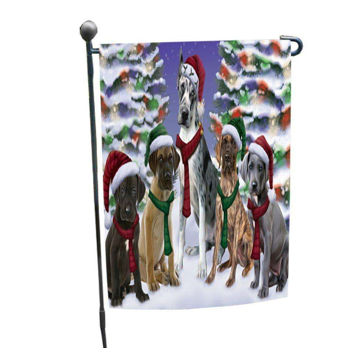 Great Dane Dog Christmas Family Portrait in Holiday Scenic Background Garden Flag