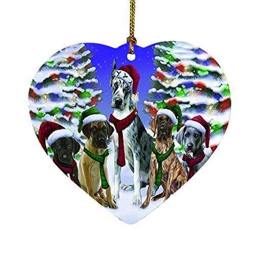 Great Dane Dog Christmas Family Portrait in Holiday Scenic Background Heart Ornament D143