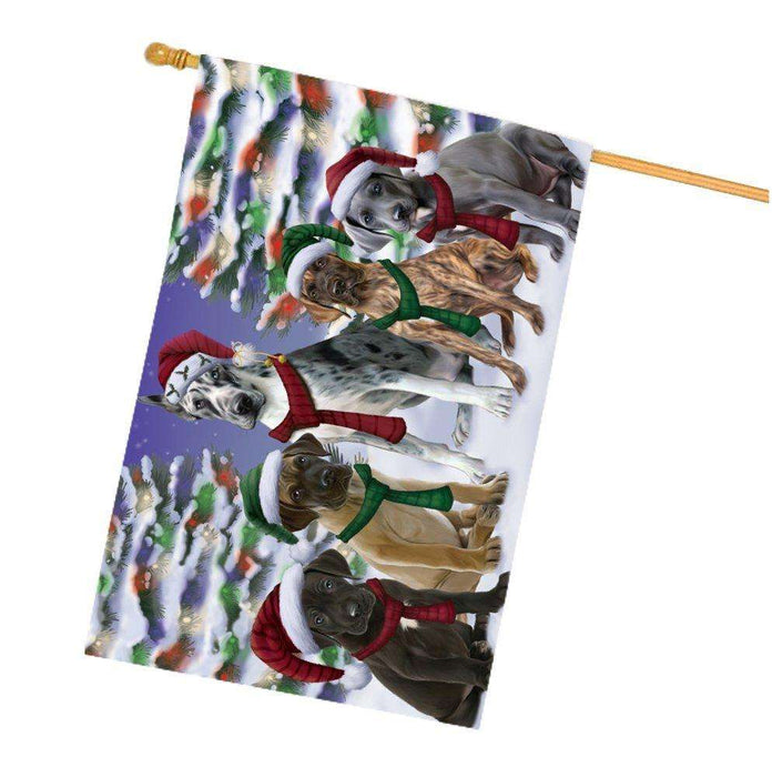 Great Dane Dog Christmas Family Portrait in Holiday Scenic Background House Flag