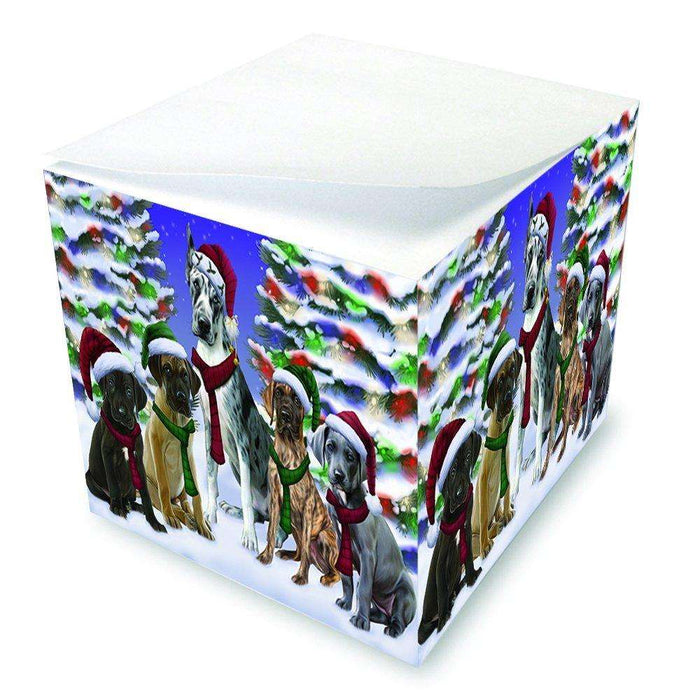 Great Dane Dog Christmas Family Portrait in Holiday Scenic Background Note Cube D163