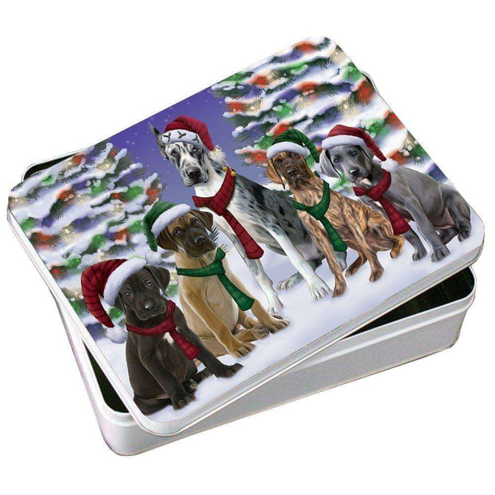 Great Dane Dog Christmas Family Portrait in Holiday Scenic Background Photo Storage Tin