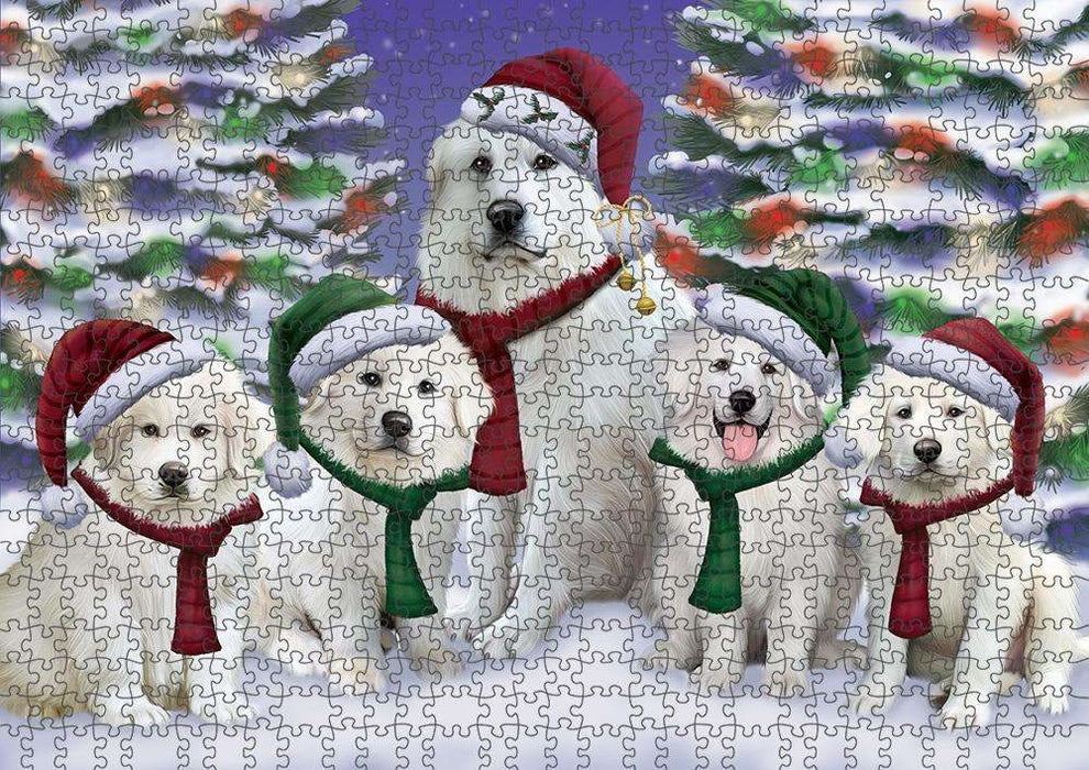 Great Pyrenees Dog Christmas Family Portrait in Holiday Scenic Background Puzzle with Photo Tin PUZL62070