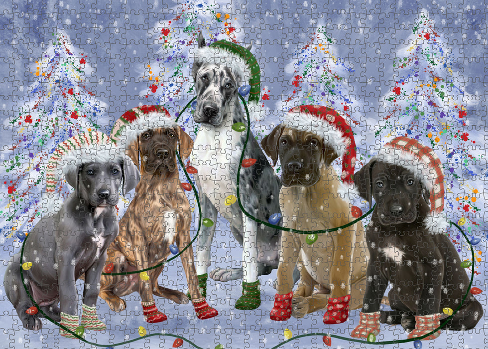 Christmas Lights and Great Dane Dogs Portrait Jigsaw Puzzle for Adults Animal Interlocking Puzzle Game Unique Gift for Dog Lover's with Metal Tin Box