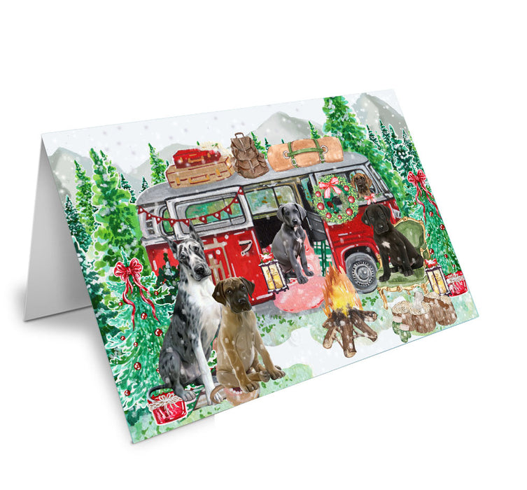 Christmas Time Camping with Great Dane Dogs Handmade Artwork Assorted Pets Greeting Cards and Note Cards with Envelopes for All Occasions and Holiday Seasons