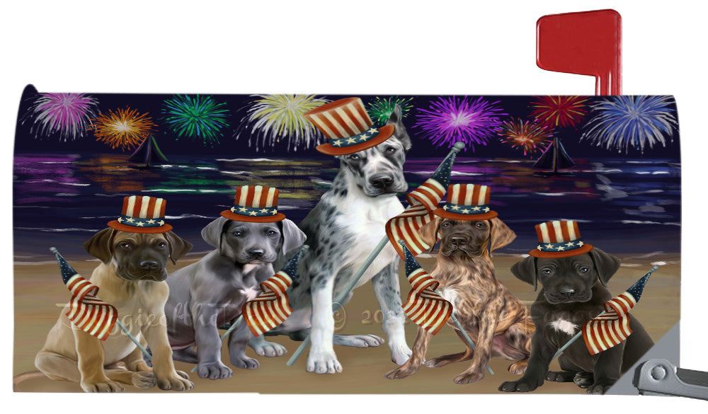 4th of July Independence Day Great Dane Dogs Magnetic Mailbox Cover Both Sides Pet Theme Printed Decorative Letter Box Wrap Case Postbox Thick Magnetic Vinyl Material