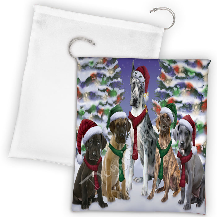 Great Dane Dogs Christmas Family Portrait in Holiday Scenic Background Drawstring Laundry or Gift Bag LGB48147