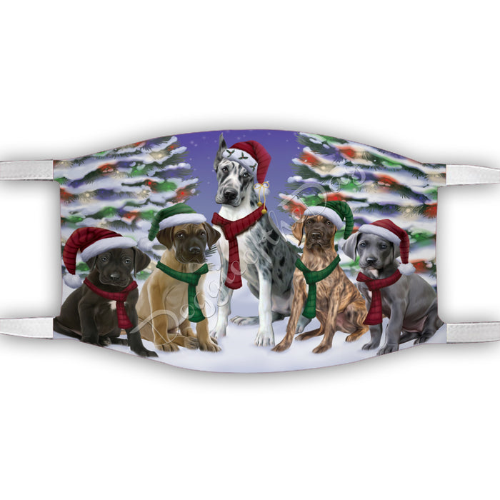 Great Dane Dogs Christmas Family Portrait in Holiday Scenic Background Face Mask FM48349