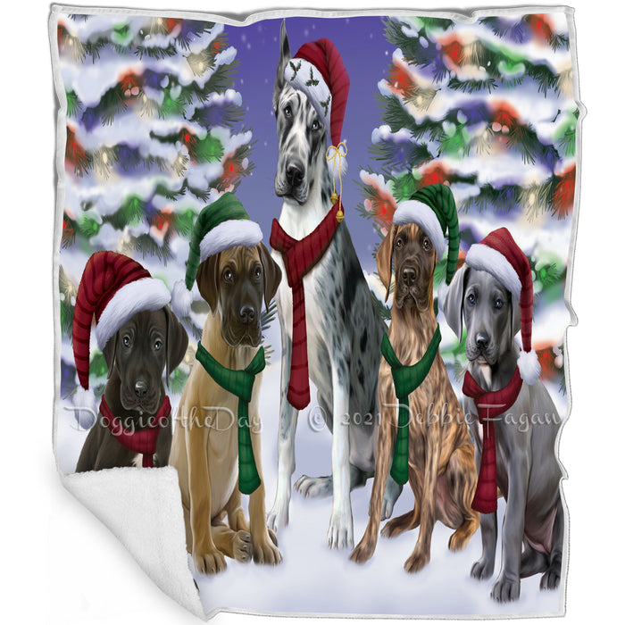 Great Dane Dog Christmas Family Portrait in Holiday Scenic Background Art Portrait Print Woven Throw Sherpa Plush Fleece Blanket