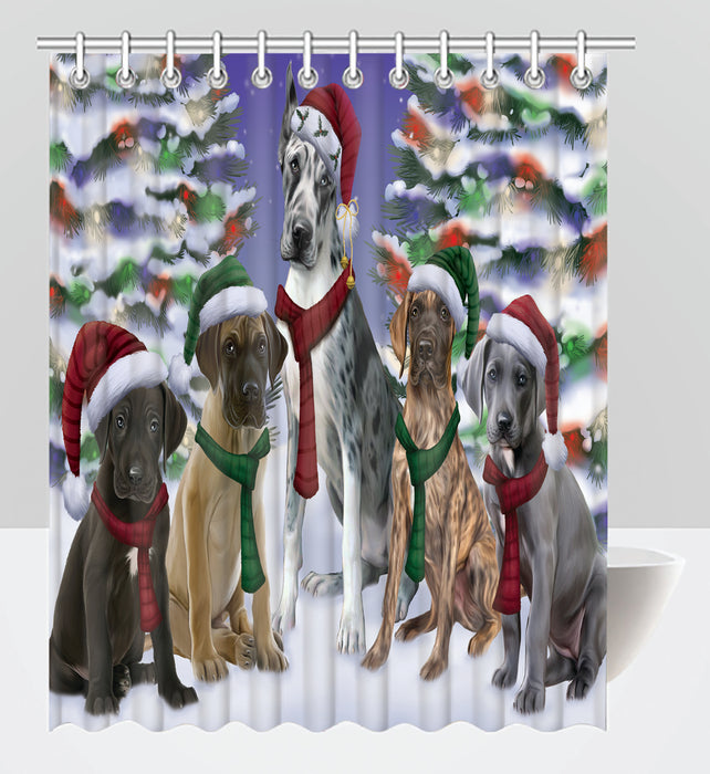 Great Dane Dogs Christmas Family Portrait in Holiday Scenic Background Shower Curtain