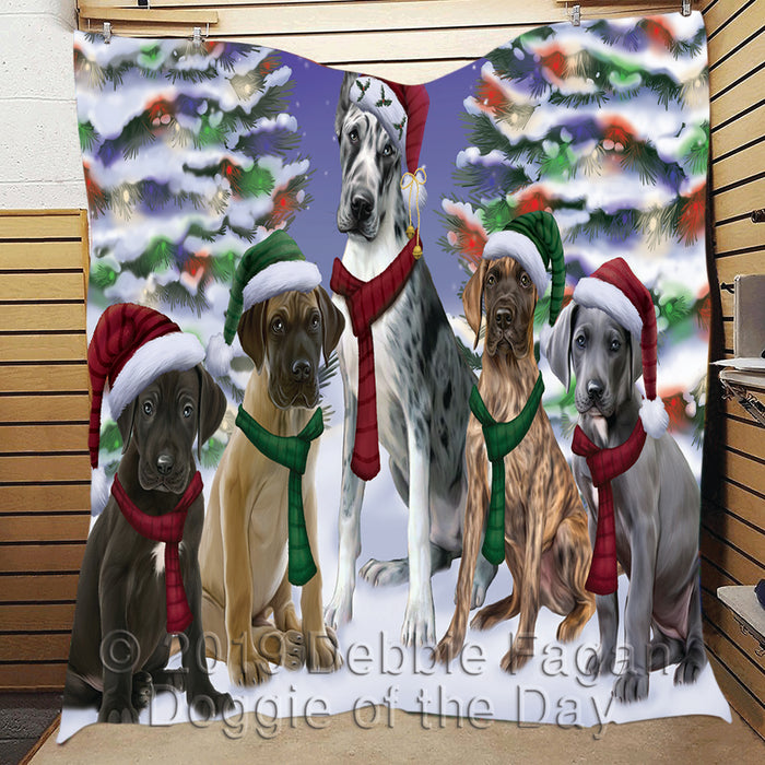 Great Dane Dogs Christmas Family Portrait in Holiday Scenic Background Quilt