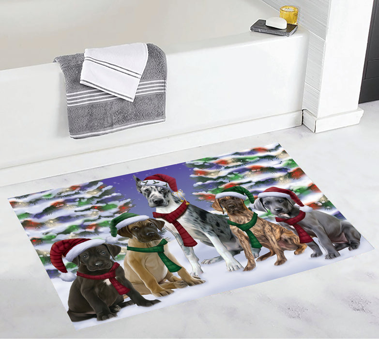 Great Dane Dogs Christmas Family Portrait in Holiday Scenic Background Bath Mat
