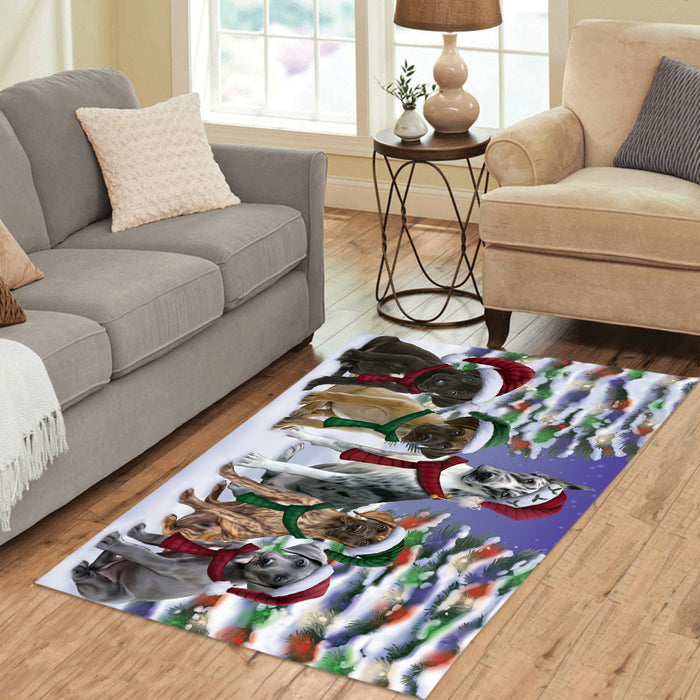 Great Dane Dogs Christmas Family Portrait in Holiday Scenic Background Area Rug