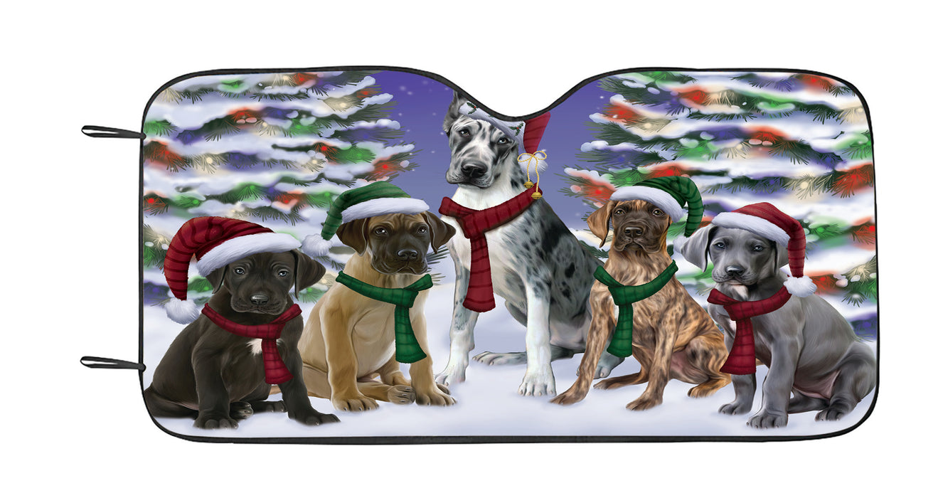 Great Dane Dogs Christmas Family Portrait in Holiday Scenic Background Car Sun Shade