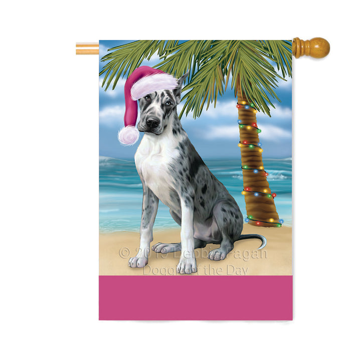 Personalized Summertime Happy Holidays Christmas Great Dane Dog on Tropical Island Beach Custom House Flag FLG-DOTD-A60541