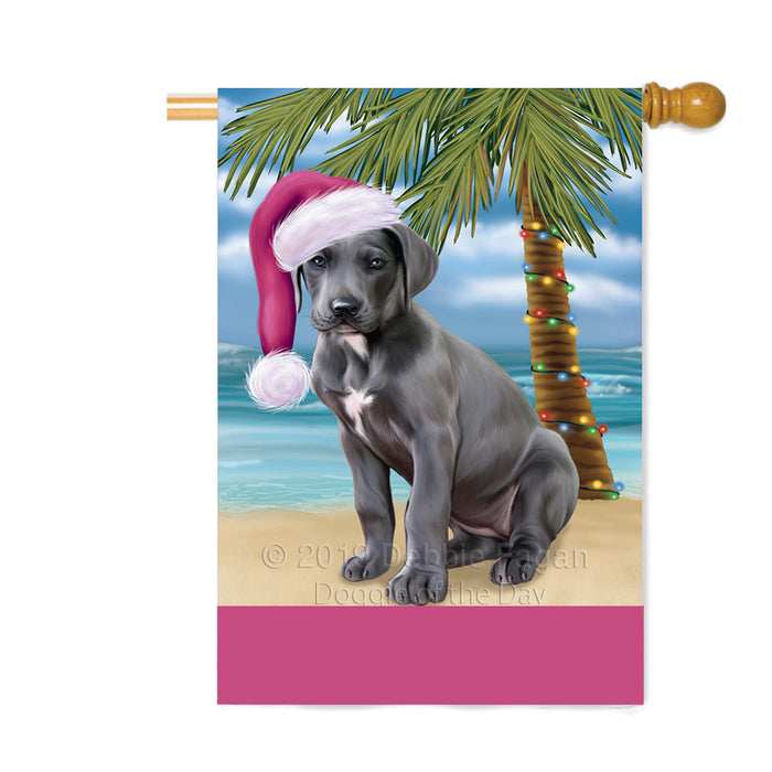 Personalized Summertime Happy Holidays Christmas Great Dane Dog on Tropical Island Beach Custom House Flag FLG-DOTD-A60542