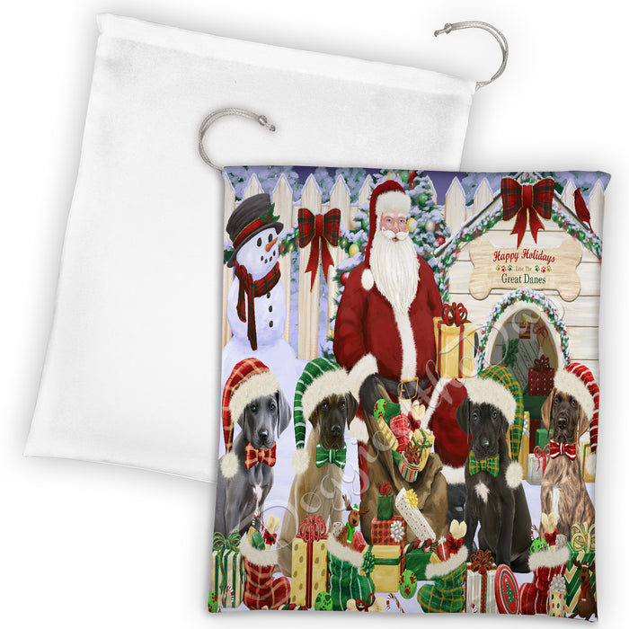 Happy Holidays Christmas Great Dane Dogs House Gathering Drawstring Laundry or Gift Bag LGB48050