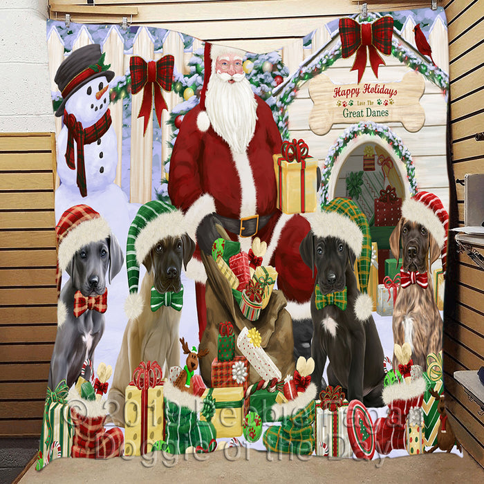 Happy Holidays Christmas Great Dane Dogs House Gathering Quilt