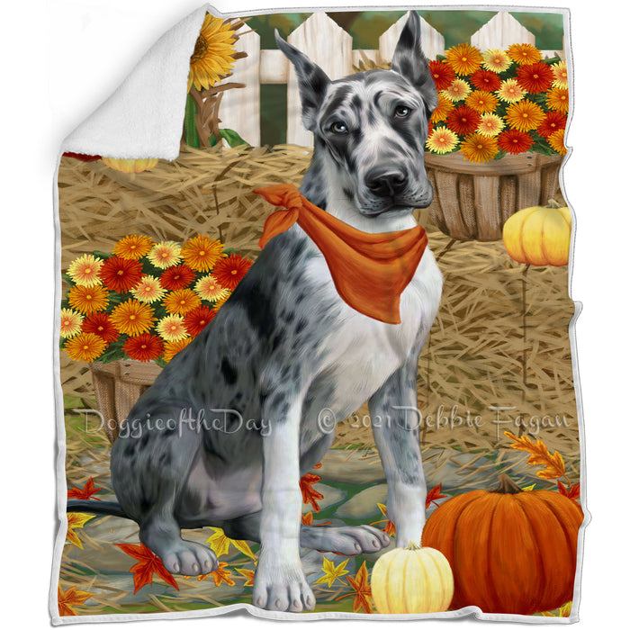 Fall Autumn Greeting Great Dane Dog with Pumpkins Blanket BLNKT72894