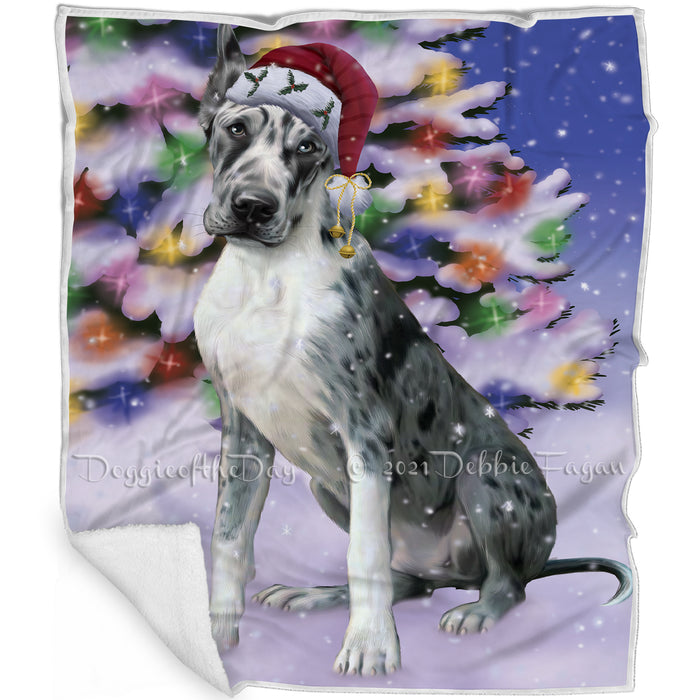 Winterland Wonderland Great Dane Adult Dog In Christmas Holiday Scenic Background Blanket