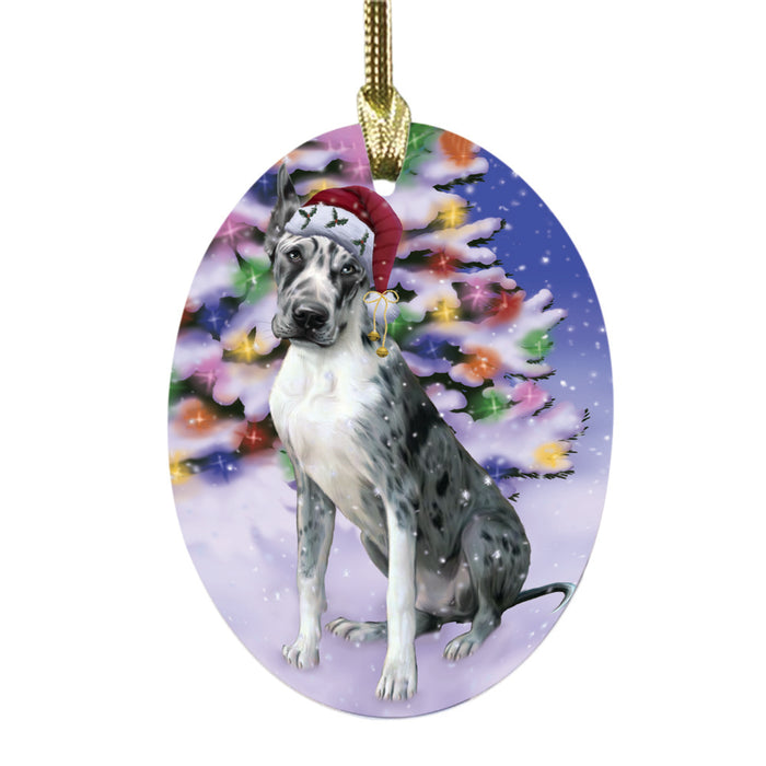 Winterland Wonderland Great Dane Dog In Christmas Holiday Scenic Background Oval Glass Christmas Ornament OGOR49582
